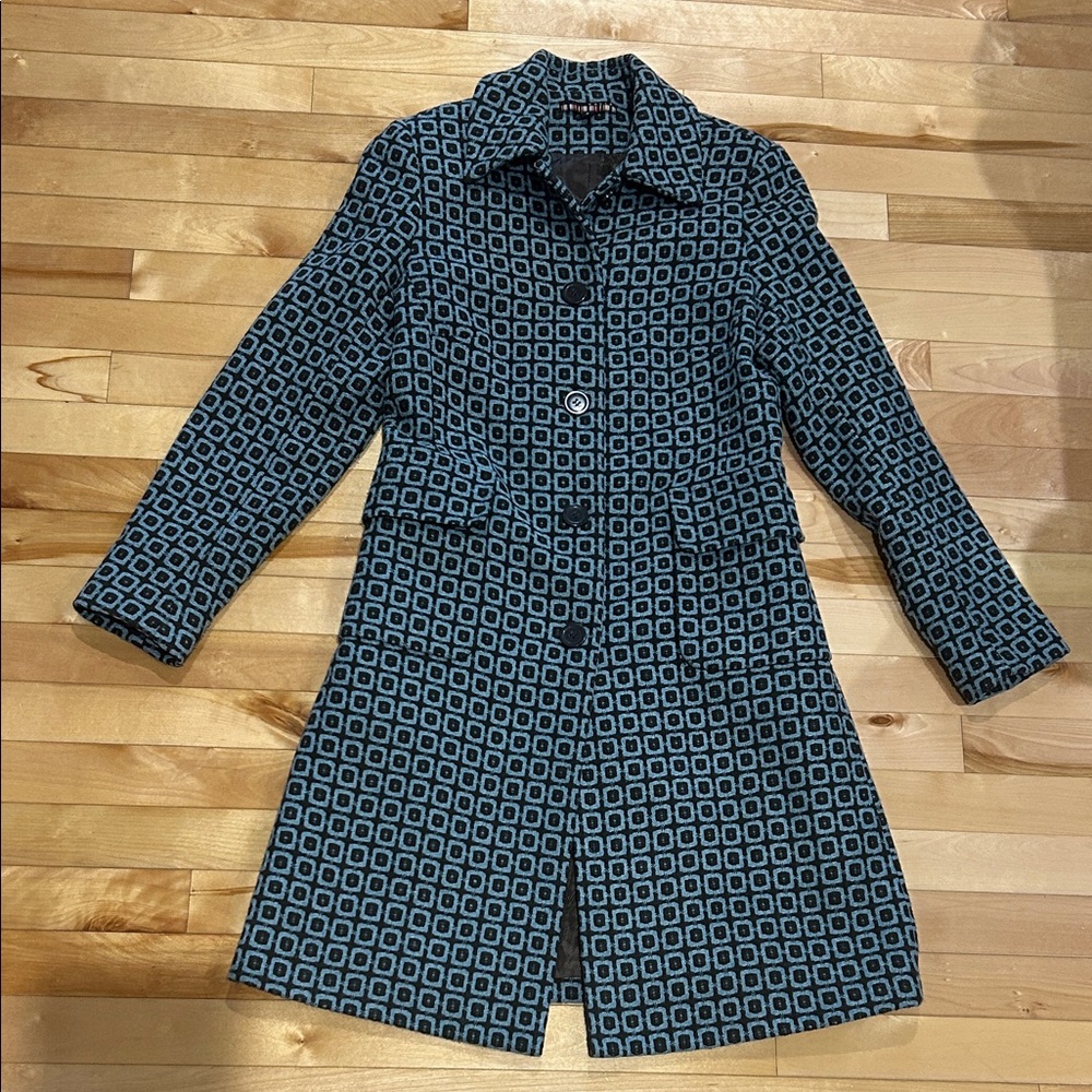 Dalia Size 4 Dark Brown and Light Blue Patterned Wool Blend Coat